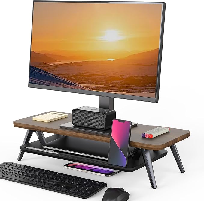 Fenge Monitor Stand Riser, Wooden Desk Shelf with 2-Tier Storage