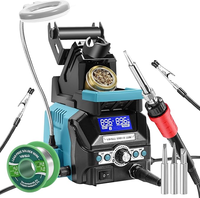 YIHUA 939D+ Digital Soldering Station, 75 Watt Equivalent with Temperature Control, °C/°F Display. ESD safe for Electronics. Aluminum Panel (Resists Burn). Solder Tips, Lead-free Solder & Extras