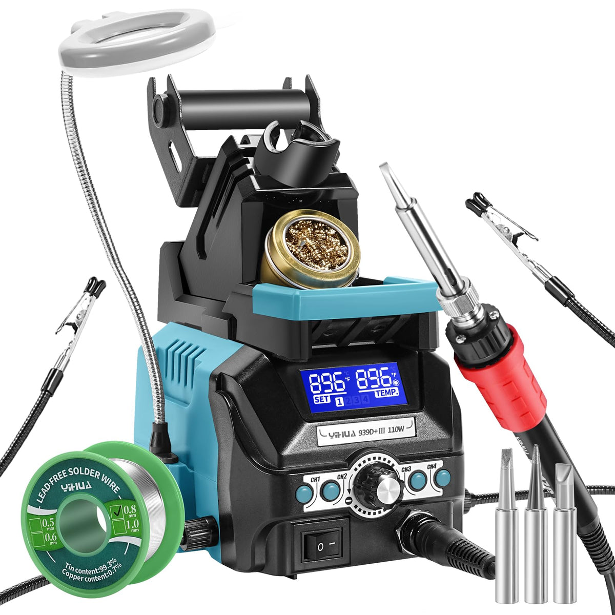 YIHUA 939D+ Digital Soldering Station, 75 Watt Equivalent with Temperature Control, °C/°F Display. ESD safe for Electronics. Aluminum Panel (Resists Burn). Solder Tips, Lead-free Solder & Extras