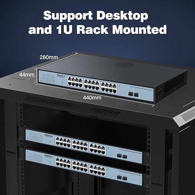 SODOLA 24 Port PoE Gigabit Managed Switch 400W,24 GE PoE Port,2 GE Uplinks, IEEE802.3af/at, 19 inch RackMount, Static Link Aggregation/QoS/VLAN/IGMP Managed Network PoE Switch