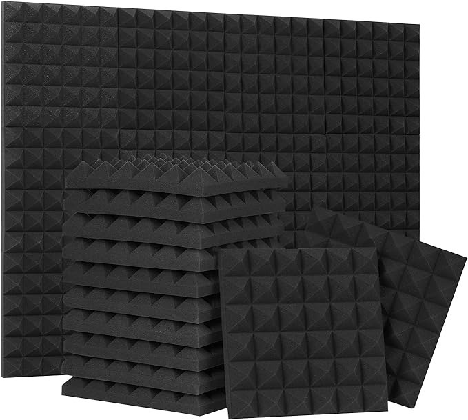 Acoustic Panels - 12 Pack 12x12x2 Inches Black Pyramid Acoustic Foam, Flame-Retardant Soundproof Wall Panels, 25kg/CBM Sound Proof Foam Panels Sound Panels for Recording Studio and Music Room
