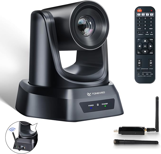 TONGVEO Wireless AI PTZ Camera with Auto-Tracking: Built-in 5.8GHz Receiver for Cable-Free Setup, 1080P 60fps 3X Zoom Conference Camera for Church Services, Online Classes & Hybrid Meetings