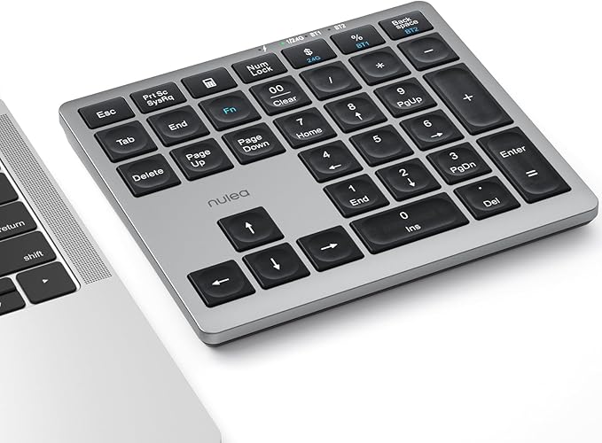 Nulea Wireless Number Pad Bluetooth 5.0 & 2.4G Portable Numeric Keyboard, USB-C Rechargeable, 34-Keys Bluetooth Keyboard for Data Entry (Silvery White)