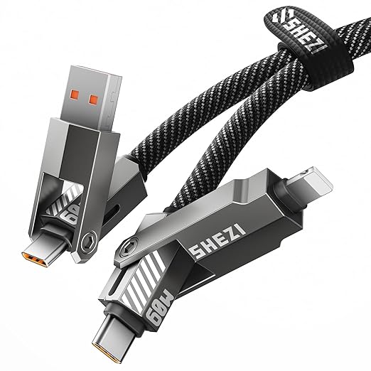 SHEZI 4-in-1 USB C Cable Compatible With Lightning Cable 60W Fast Charging & Data Transfer, Support to CarPlay & Android Auto, 5FT Travel Multi Cord Charger Combo for iPhone/iPad/Samsung/MacBook Cable