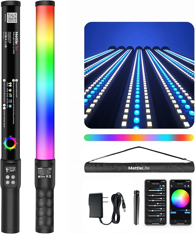 Mettlelite LS800C RGB LED Light Stick Full Color Continuous Output Video Light 3.2 ft with APP Control 2800K-8000K CRI96 TLCI 97 RGB CCT HSI Light Effects Built in Rechargeable Battery
