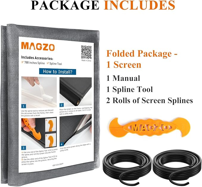 MAGZO Window&Door Screen Replacement Kit, 86" W x 196" L, with Retainer Spline(Total 65.6 FT) and Press-Fit Roller Tool, Polyester Scratch-Proof, Adjustable Mesh for Windows&Doors&DIY Projects, Grey