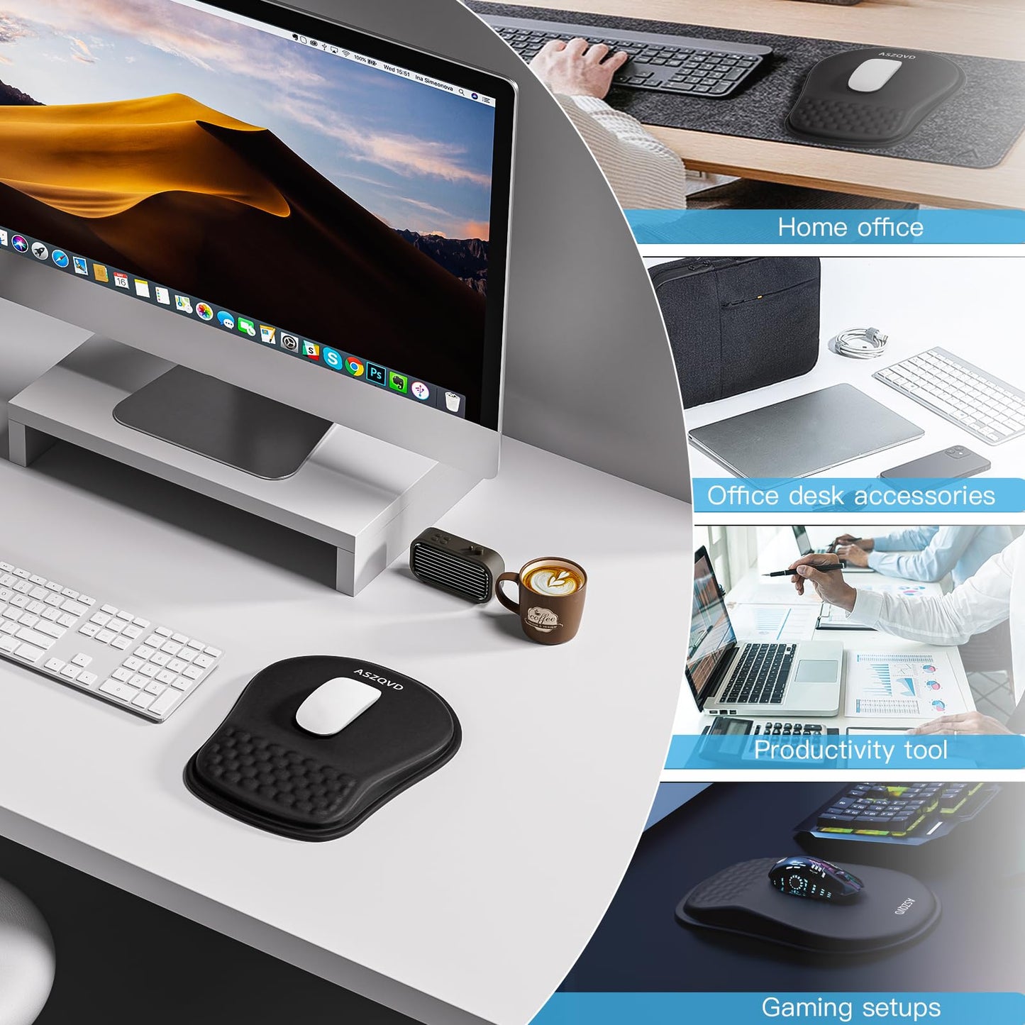 Aszqvd Ergonomic Mouse Pad with Wrist Support, Black Mousepads for Desk