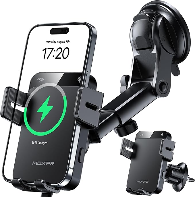 Wireless Car Charger 15W Auto Clamping Phone Holder Dash Windshield Vent