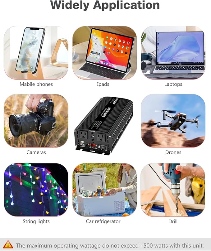 LVYUAN 1500W Power Inverter 24V to 110V DC to AC with 2 US Sockets, LED Display, USB Ports for Home, Truck, Outdoor, Camping