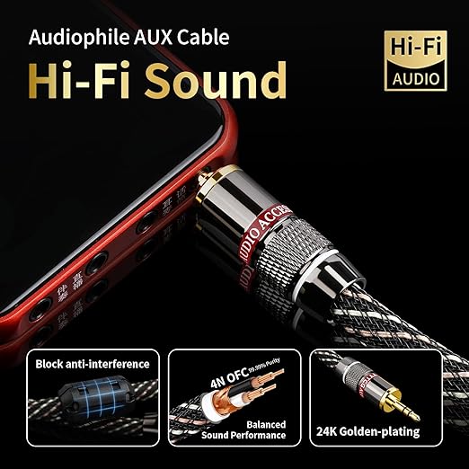 Audiophile HiFi Audio Cable–3.5mm to 3.5mm,6N OFC Core,24K Gold-Plated Plugs,with Nylon Braid,AUX Cable,Compatible with Phone,MP4,Speakers,Amplifiers,TV(6.56ft/2m)