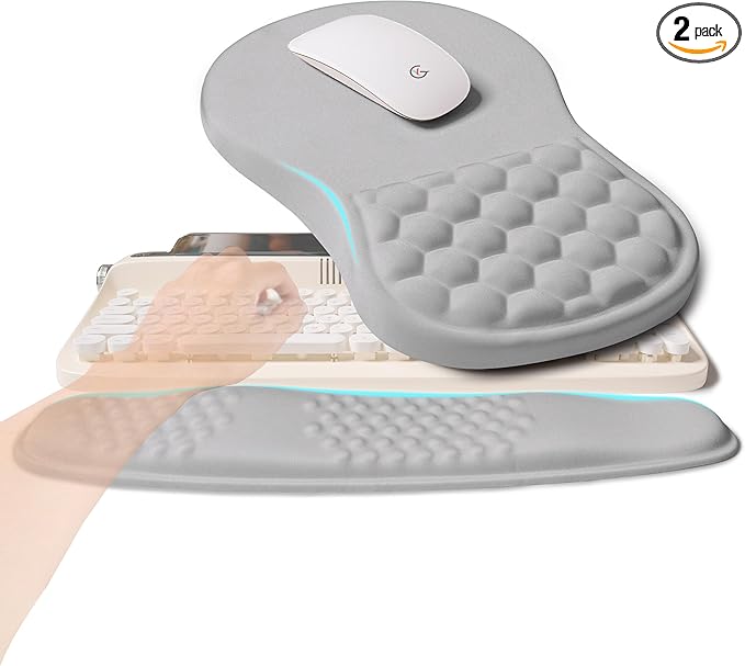 KUOSGM 2-in-1 Ergonomic Set, Wave Rise Keyboard Wrist Rest and Massage Bulge Slope Mouse Pad Wrist Support, Cushion Memory Foam Integrated to Relieve Wrist Pain