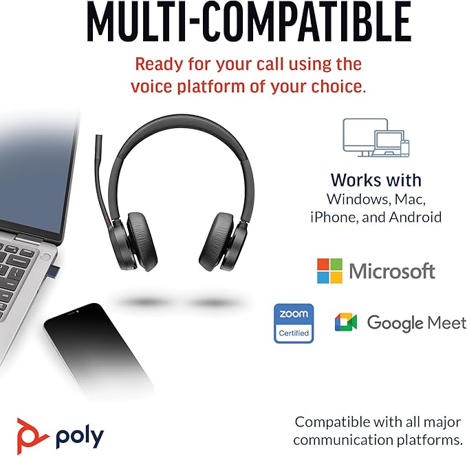 Poly Voyager 4320 UC Wireless Headset & Charge Stand (Plantronics) - Stereo Headphones w/Noise-Canceling Boom Mic - Connect PC/Mac/Mobile via Bluetooth - Works w/Teams, Zoom, & More - Amazon Exclusive