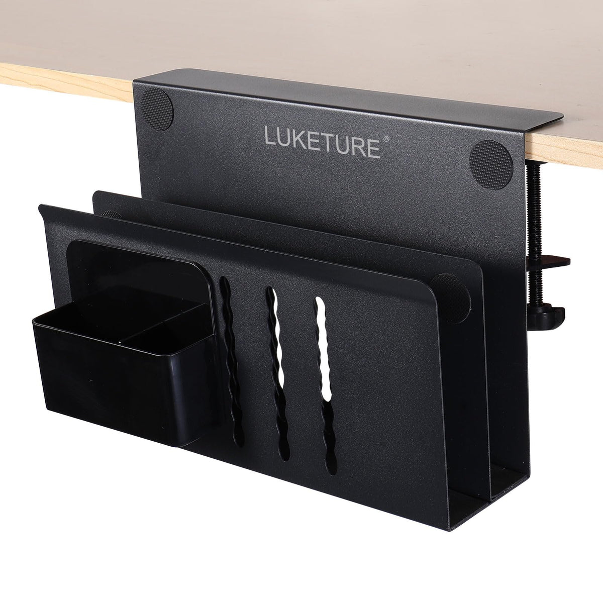 LUKETURE 2 Tier Desk Side Storage, No Drill Laptop Mount with Pen Holder
