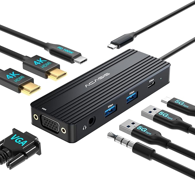 ACASIS USB C Docking Station Dual Monitors,8-in-1 Laptop Docking Station with Dual HDMI +VGA +2 * 5G USB-A/C+3.5MM Audio+PD100W, USB C HUB multiport Adapter for Dell/HP/Lenovo ThinkPad(Gray)