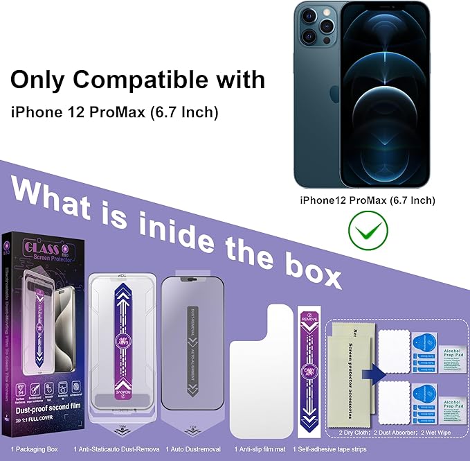 2 Pack Matte Screen Protector for iPhone 12 Pro Max, 9H Tempered Glass, Full Coverage, Anti-Fingerprint, Auto Dust-Elimination, No Bubble, Easy Installation