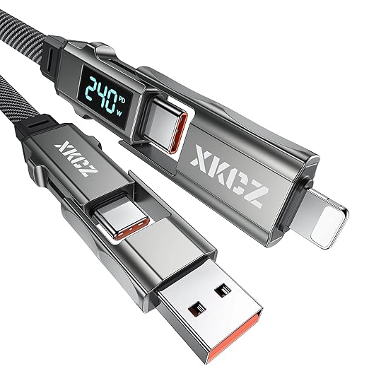 XKCZ 4 in 1 USB C Cable with Wattage Display, 140W Flat Nylon Braided Multi Charge Cable with Data Sync, USB C Charging Cord Combo Type C/USB A/L Port for iPhone/iPad/Samsung/Laptop