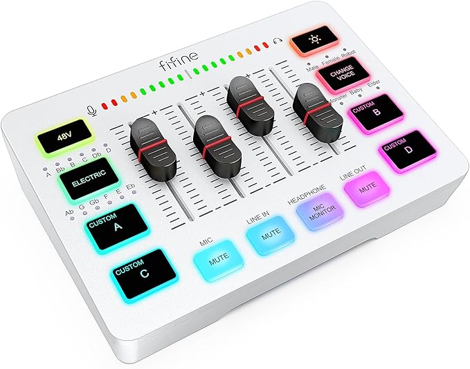 FIFINE Gaming Audio Mixer, Streaming RGB PC Mixer with XLR Microphone Interface, Individual Control, Volume Fader, Mute Button, 48V Phantom Power, for Podcast/Recording/Vocal/Game Voice-AmpliGame SC3