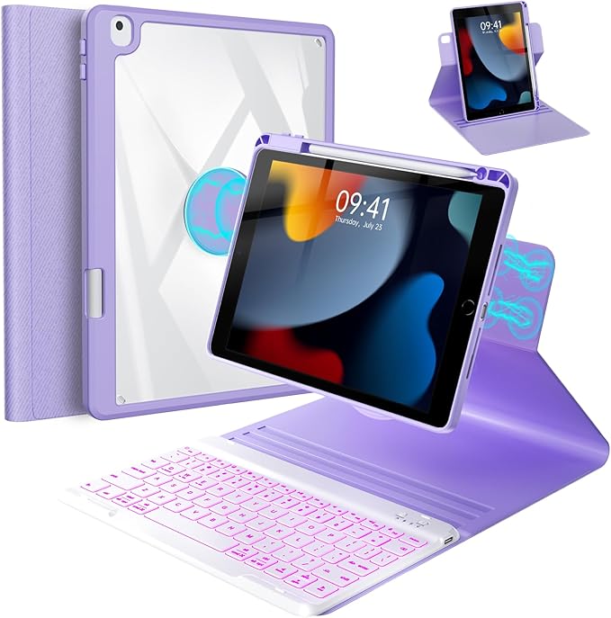 iPad 7th/8th/9th Generation Case with Keyboard 10.2-inch 2019/2020/2021, iPad Air 3rd/Pro 10.5-inch 2017 Compatible, 7 Color Backlit Keyboard BT/Wireless/Detachable with Pencil Holder (Mint Green)