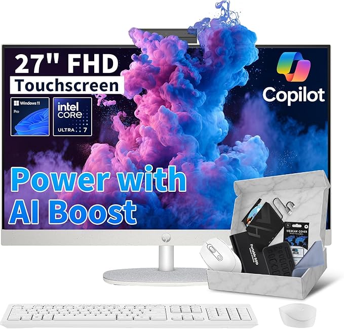 HP 27" All-in-One Desktop Computer - FHD Touchscreen | Intel Ultra 7‑155U | AI‑Enhanced Display, Facial Login | Privacy Pop‑Up Camera | Win 11 Pro, RECOLX AI Voice Recorder | 64GB DDR5 + 4TB SSD