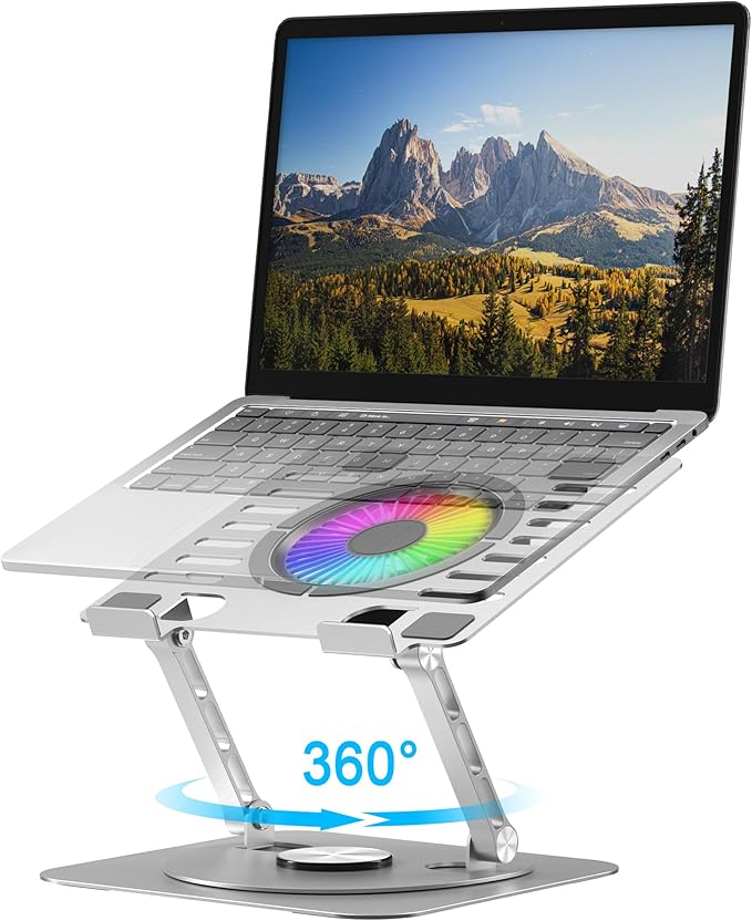 YTech Laptop Stand,with 360°Rotating Base,External Cooling Fan,Adjustable RGB Lighting,Ergonomic Foldable Notebook Computer Holder.Compatible with All 10-17" Laptops Tablets