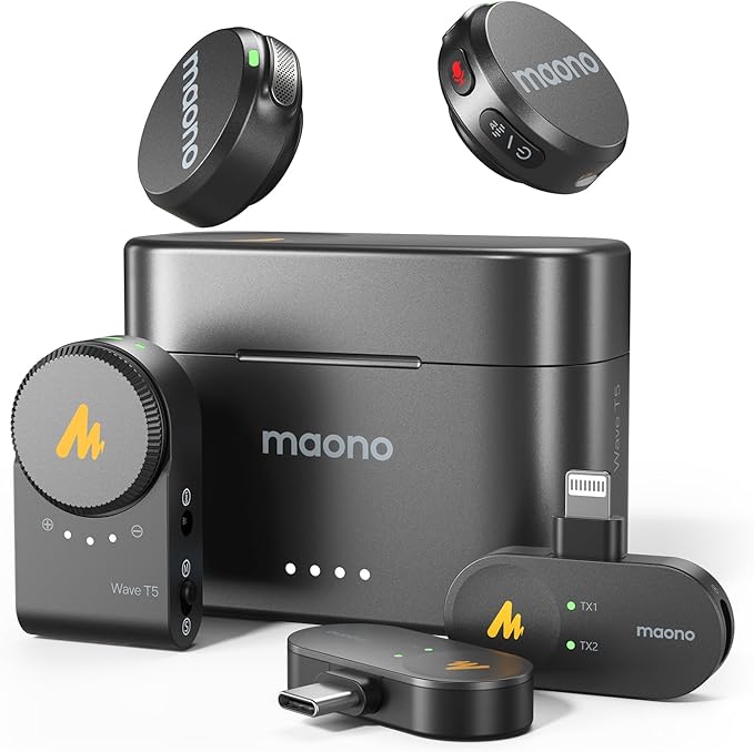 MAONO T5 Wireless Lavalier Microphone for Camera (2 TX+1 RX+Charing Case)