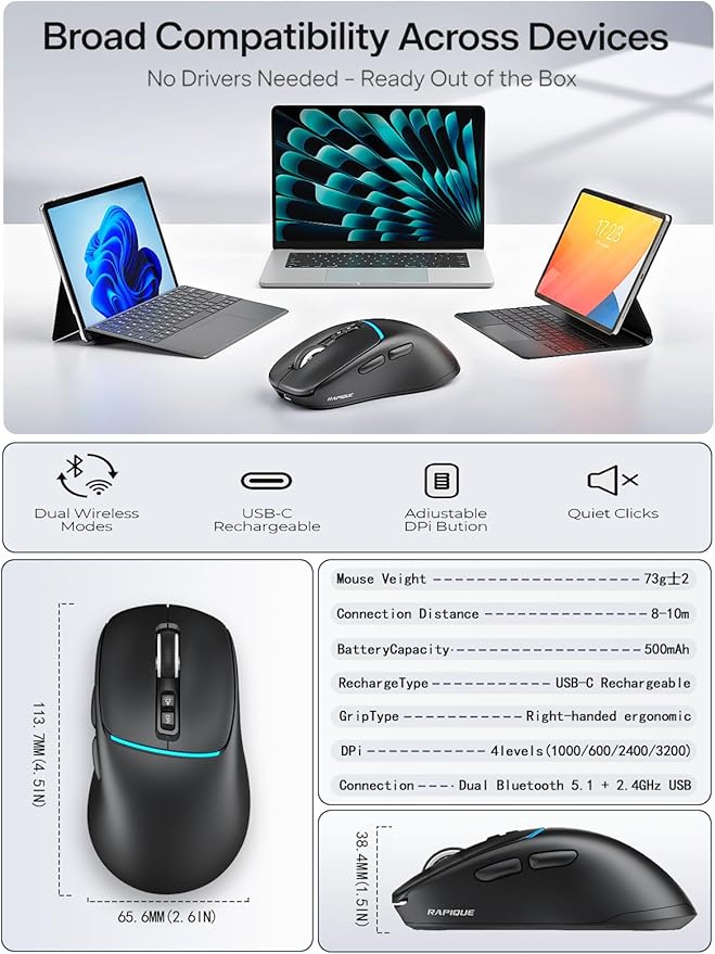 R108 Bluetooth Wireless Mouse – Dual Bluetooth & 2.4GHz USB Receiver, 4 DPI Levels (1000–3200), Type-C Rechargeable, Ergonomic Right-Hand Grip, Silent Click, for Computer/Mac/Laptop - Black