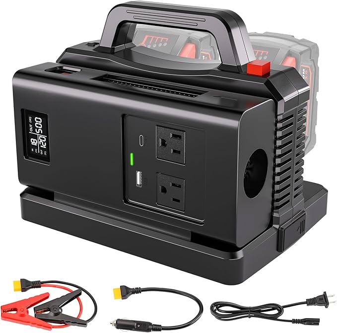 Adisipsoarin 500W Pure Sine Wave Power Inverter for Milwaukee M18 18V Battery, 2-Ports DC 18V to AC(2 Outlets) 120V Car Charger Plug Inverter Adapter Converter for Camping, Emergencies(Tool Only)
