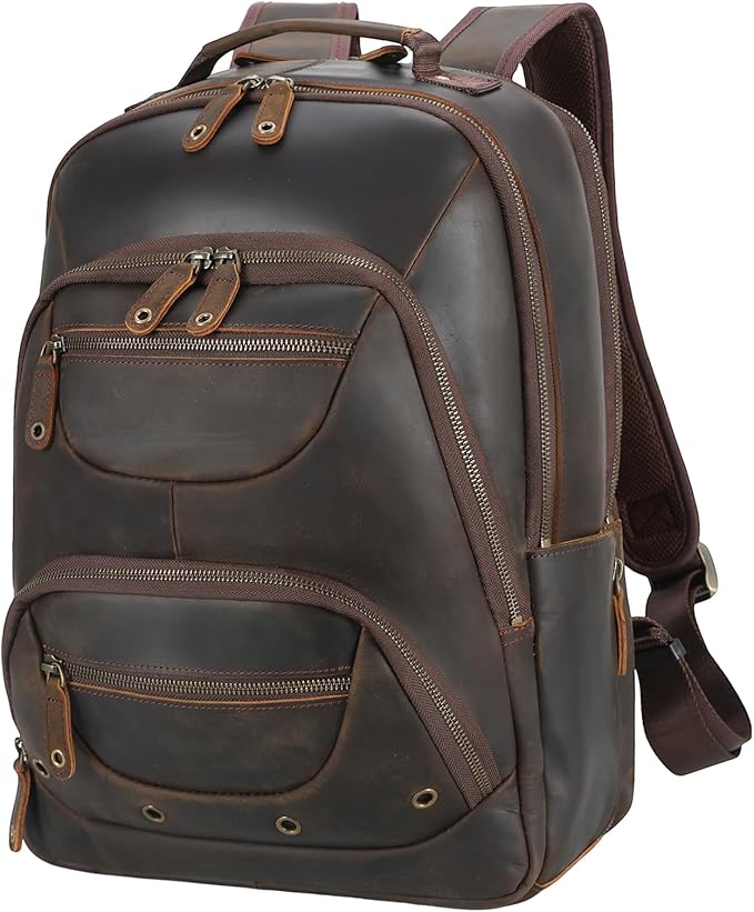 TIDING Brown Full Grain Leather 16" Laptop Backpack for Commute Business