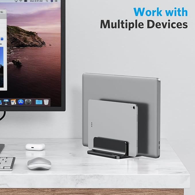 OMOTON Dual Vertical Desk Laptop Stand Holder, Fits MacBook Air/Pro, Black