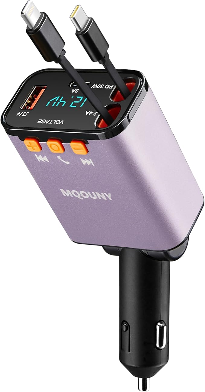 Retractable Car Charger,5 in 1 Fast Cars Phone Charger 60w,Bluetooth 5.3 FM Transmitter Adapter,Handsfree Call,MP3 Player,2 Retractable Cables and USB Chargers, for Phone,Galaxy