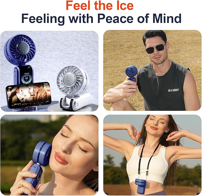 Blows Cold Air Portable Handheld Fan with Stand & Lanyard, 5000mAh USB-C Rechargeable Battery, 12H/5-Speed LED Display Mini Fan for Travel Beach Cruise Concerts Outdoor Events(Blue)