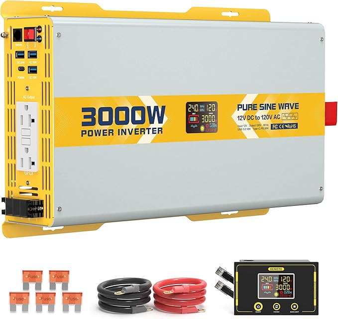 XWJNE 2000W Pure Sine Wave Power Inverter 24V DC to 120V GFCI AC Converter with LCD Display and Remote for Home, RV, Truck, Off-Grid Solar Power