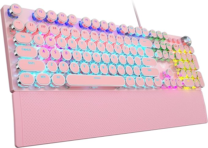 AULA F2088 Typewriter Mechanical Keyboard, White Retro Wired Gaming Keyboard with Blue Switches, Rainbow Backlit, Round Keycaps, Media Knob & Removable Wrist Rest