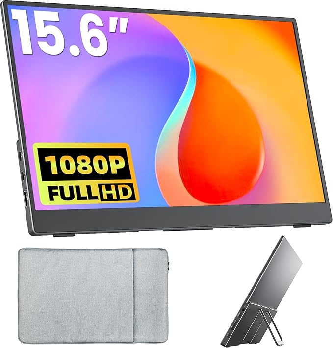 Upperizon Portable Monitor 15.6 inch FHD 87% sRGB 60Hz IPS HDR HDMI USB-C Travel Monitor for Laptop MacBook PC Surface PS5 Xbox, External Display with Kickstand & Speakers, VESA Compatible