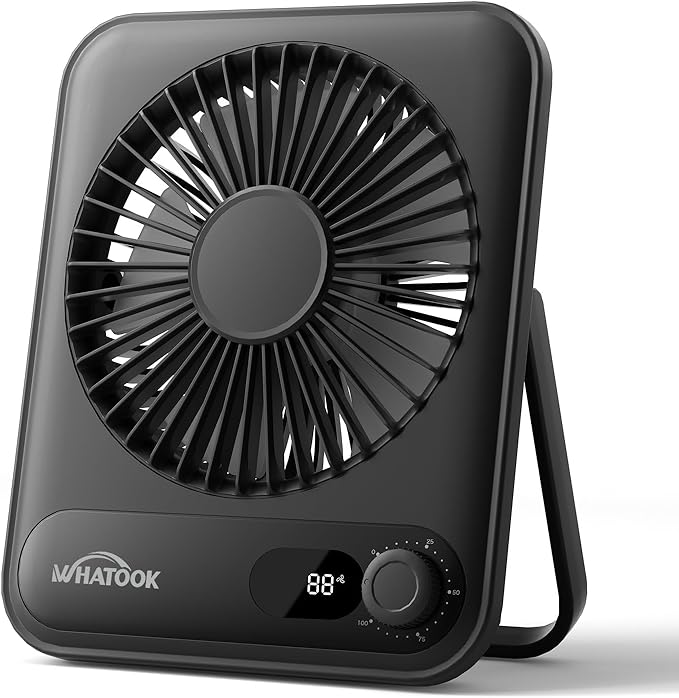WHATOOK Small Desk Fan Personal Fans: 5000mah 25 Hours Battery Office Quiet Mini Desktop Fan Portable Rechargeable Travel Essentials (Black, 5000 mAh)