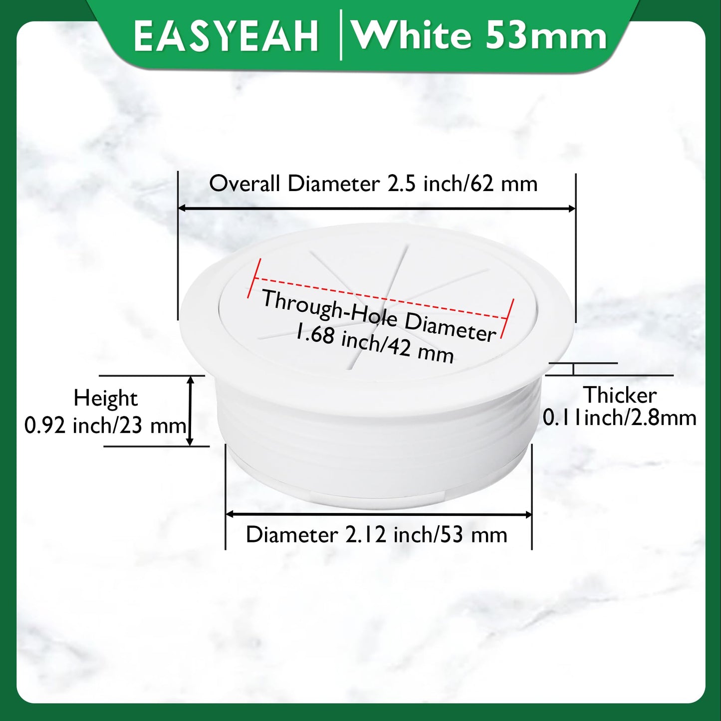EASYEAH 5 Pcs Desk Grommet 2-1/16" / 53 mm, Desk Hole Cover for Cables White, Cable Grommet ABS Plastic, Desk Hole Grommet for Home & Office Pc, Detachable Cable Cord Organizer