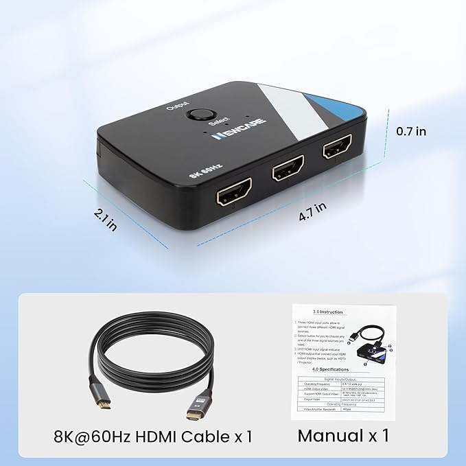 NEWCARE 4K@120Hz HDMI Switch 3 in 1 Out, HDMI 2.1 Splitter 8K@60Hz with 2.6 ft HDMI 2.1 Cable, HDMI Switcher Support 48Gbps, HDR10+, VRR, Dolby, HDCP 2.3, Compatible with PS5/PS4 Xbox TV Projector