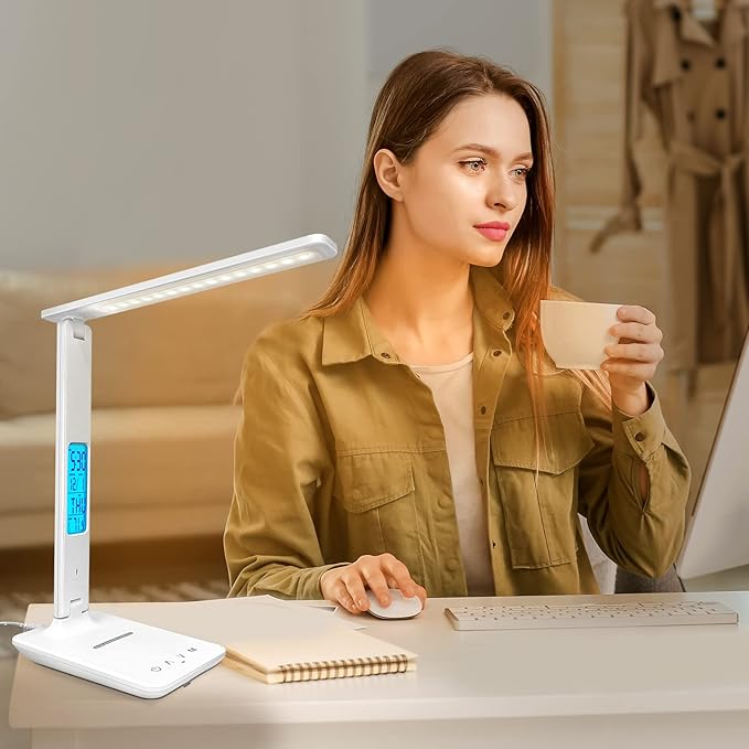 Desk Lamp with Wireless Charger,USB Charging Port, Dimmable Office Desk Light with Clock, Alarm, Date, Temperature, Foldable Lamp for Table Bedroom Bedside Office (White, Standard Size-13.3 inch)