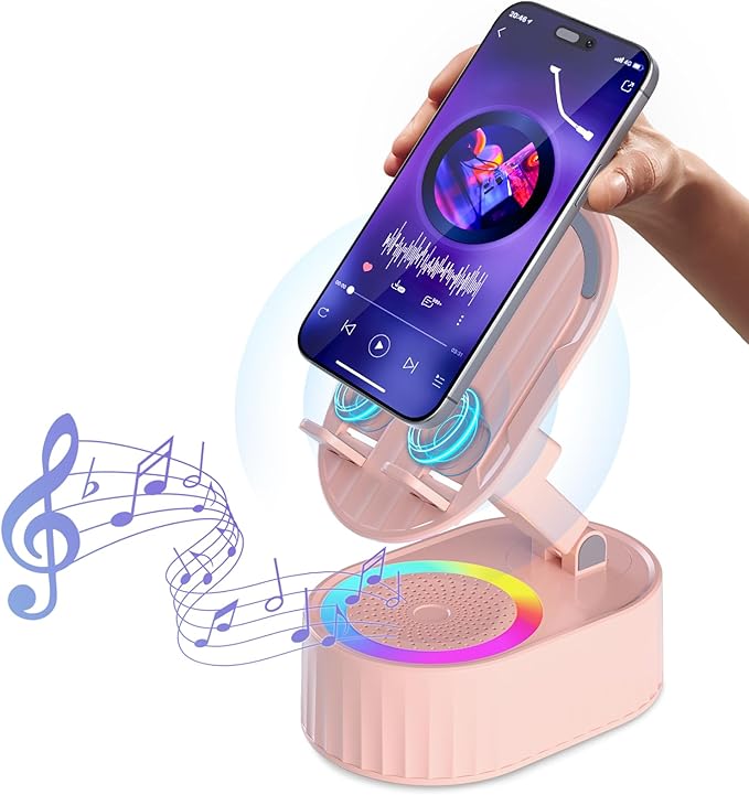 AKLLCCR Wireless Induction Audio Bluetooth Speaker 5in1 Phone Holder Emergency Rechargeable (3000mAh) with Colorful Ambient Light 300° Foldable for Tablet iPhone Android
