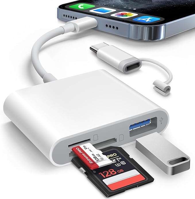 AkHolz SD Card Reader for iPhone iPad Built-in Lightening & USB-C Dual Connectors Card Adapter with SD MicroSD USB-A 3 Slots Trail Camera Memory Card Viewer, Portable No App Required Plug and Play