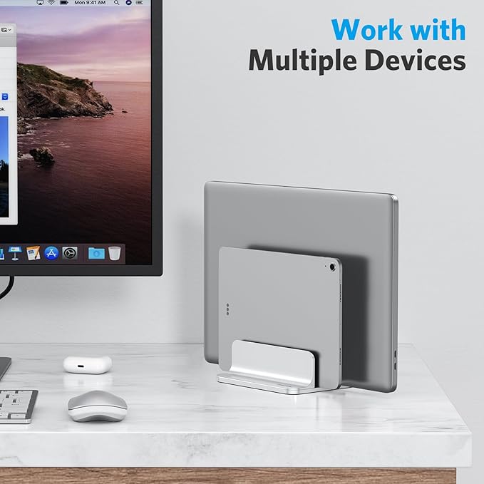 OMOTON Dual Vertical Desk Laptop Stand Holder, Fits MacBook Air/Pro, Silver