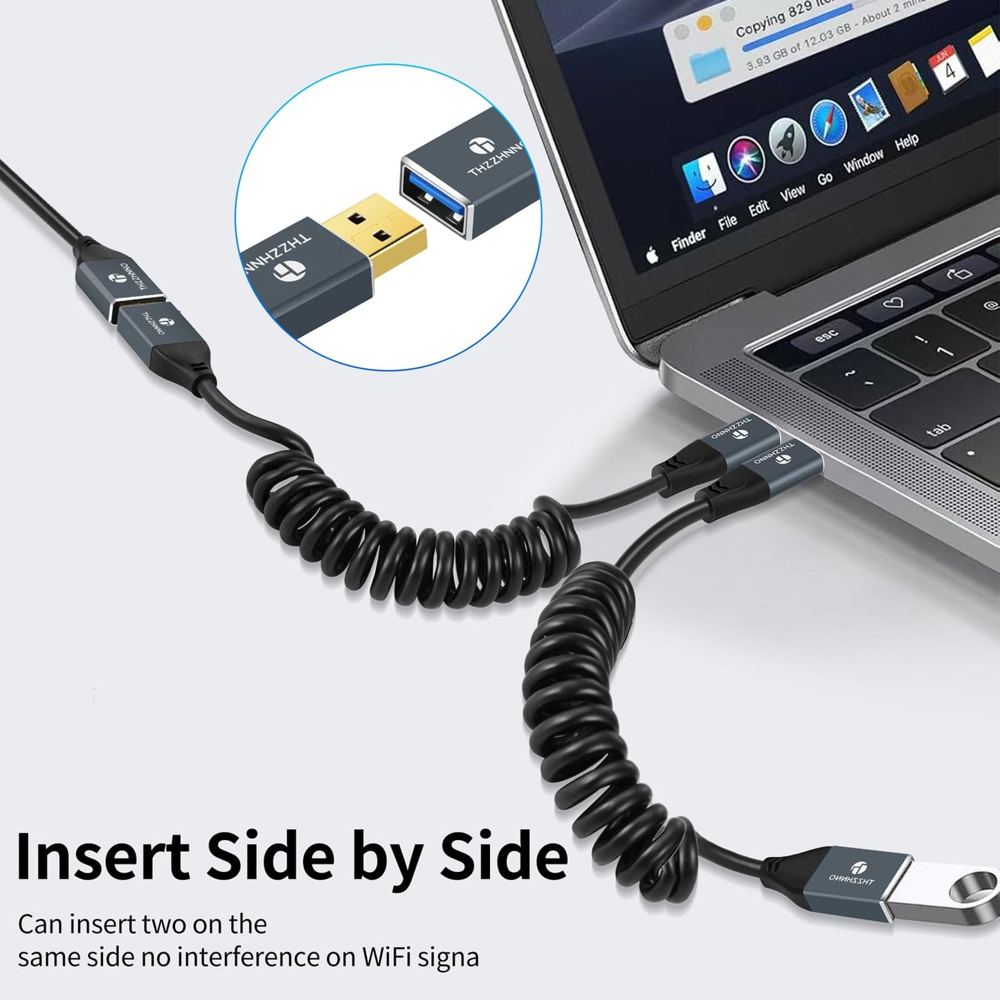 Thzzhnno Coiled USB Extension Cable, 5Gbps Retractable USB A Male to Female Data Transfer Cord for Keyboard, Mouse, PlayStation, Xbox, Flash Drive, Printer, Camera(Extend up from 0.75FT to 3.3FT)