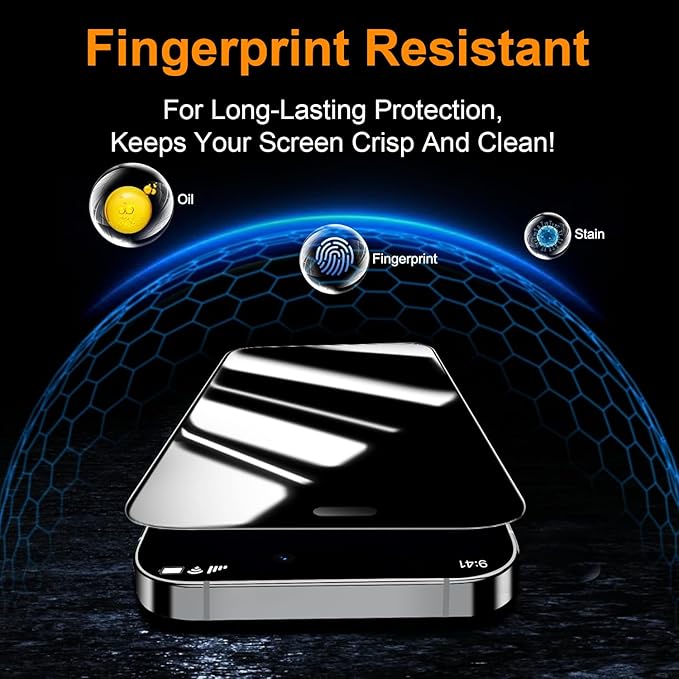 OneFish 2 Pack Privacy Screen Protector for iPhone 16/15-4-Way 360° Anti-Spy Tempered Glass, 9H Hardness, 3D Curved Edges, Case-Friendly & Easy Installation