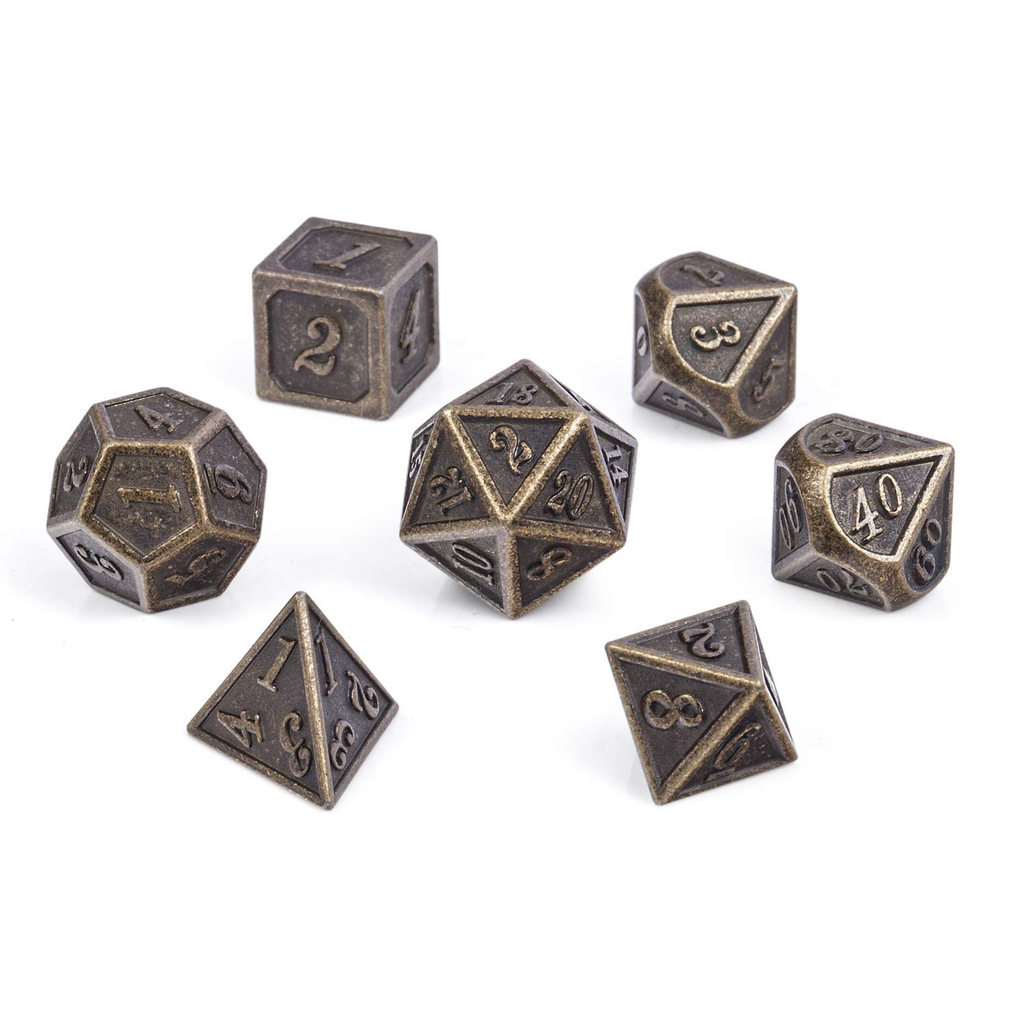 DnDnD Ancient Design Dice, 7PCS Brass DND Metal Dice with Metal Box for Table Games Dungeons and Dragons D&D