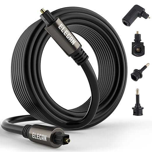 Elecan Optical Audio Cable 12 Ft/2 Pack Digital Audio Toslink Cable Cord-Fiber Optic-Gold Plated-Flexiable&Durable-for Home Theater,Sound Bar,PS4& Xbox-with Right Angled+Mini Toslink Adapters+Ties