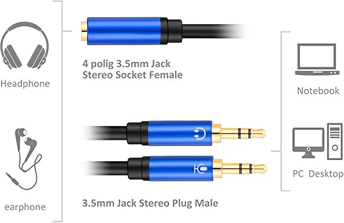 Tan QY Headphone Splitter 1Ft, 3.5mm Female to 2 Dual 3.5mm Male Headphone Mic Audio Y Splitter Cable Smartphone Headset to PC Adapter (1Ft/0.3M, Blue)