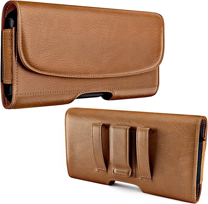 PiTau Holster for Samsung Galaxy Ultra S25 S24 S23 S22 S21 S20 A73 A54 A53, Phone Belt Clip Holder Case for Google Pixel Pro XL 9 8 7 6 4 3, Men's Big Cellphone ID Card Carrying Pouch, Brown X-Large
