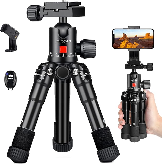 JOILCAN Mini Tripod for Camera, 25" Tabletop Camera Tripod, Portable Travel Tripod with Phone/Tablet Holder, Lightweight Aluminum Tripods for DSLR Phone Spotting Scope