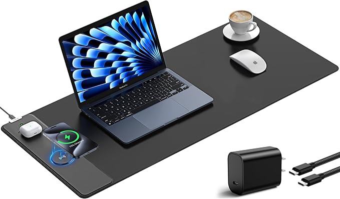 TopMade Mouse Pad with 15W Fast Wireless Charging, 31.5"x11.81" XL Large Gaming Mousepad, Waterproof Desk Pad, Classic Black Computer Desk Mat(Includes 20W PD Power Adapter & 6.56ft Woven Cable)