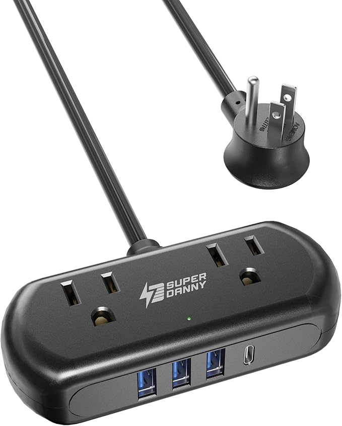 SUPERDANNY Power Strip with USB, Mini Desktop Charging Station with 2 Wide-Spaced Outlets & 4 USB Ports, 2ft Portable Flat Plug Extension Cord for Travel, Dorm, Room, Home Office Essentials